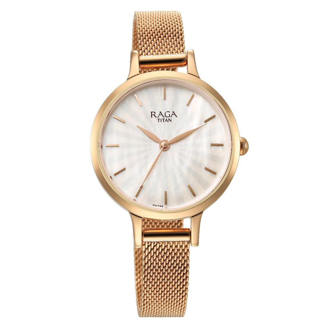Titan Raga Power Pearls Quartz Analog Mother Of Pearl Dial Metal Strap Watch for Women 2666WM01
