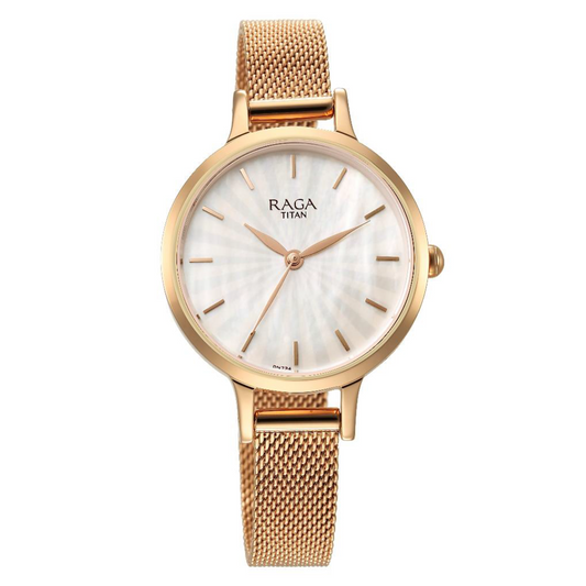 Titan Raga Power Pearls Quartz Analog Mother Of Pearl Dial Metal Strap Watch for Women 2666WM01