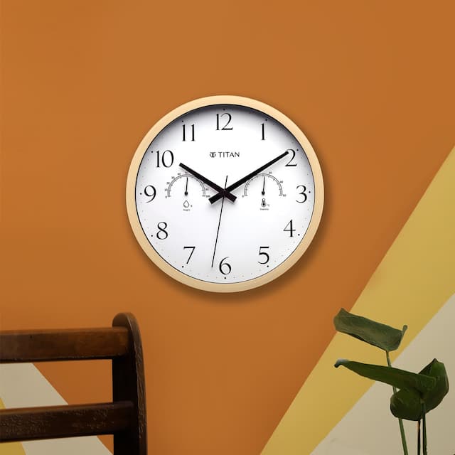 Contemporary Wooden Finish White Wall Clock with Thermometer & Hygrome
