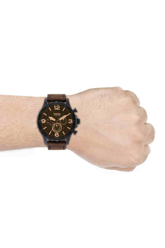Fossil Mens 50 mm Nate Black Dial Leather Chronograph Watch - JR1487