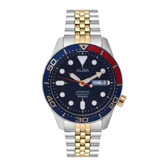 Watch with a blue dial and gold and silver band on a white background