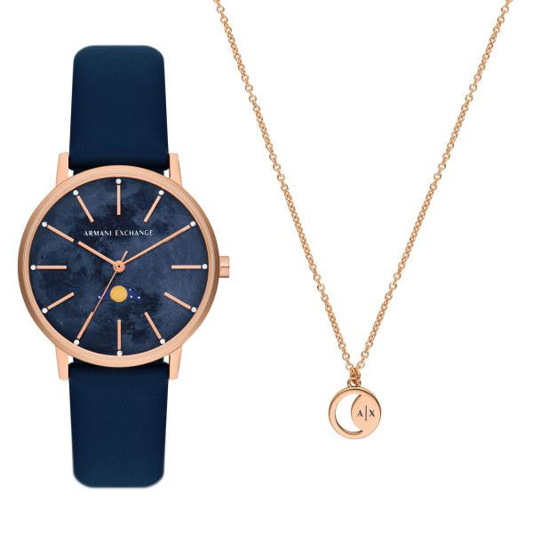 Armani Exchange Multifunction Moonphase Blue Leather Watch and Rose-Tone Brass Necklace Set AX7149SET - KRISHNA WATCH COMPANY