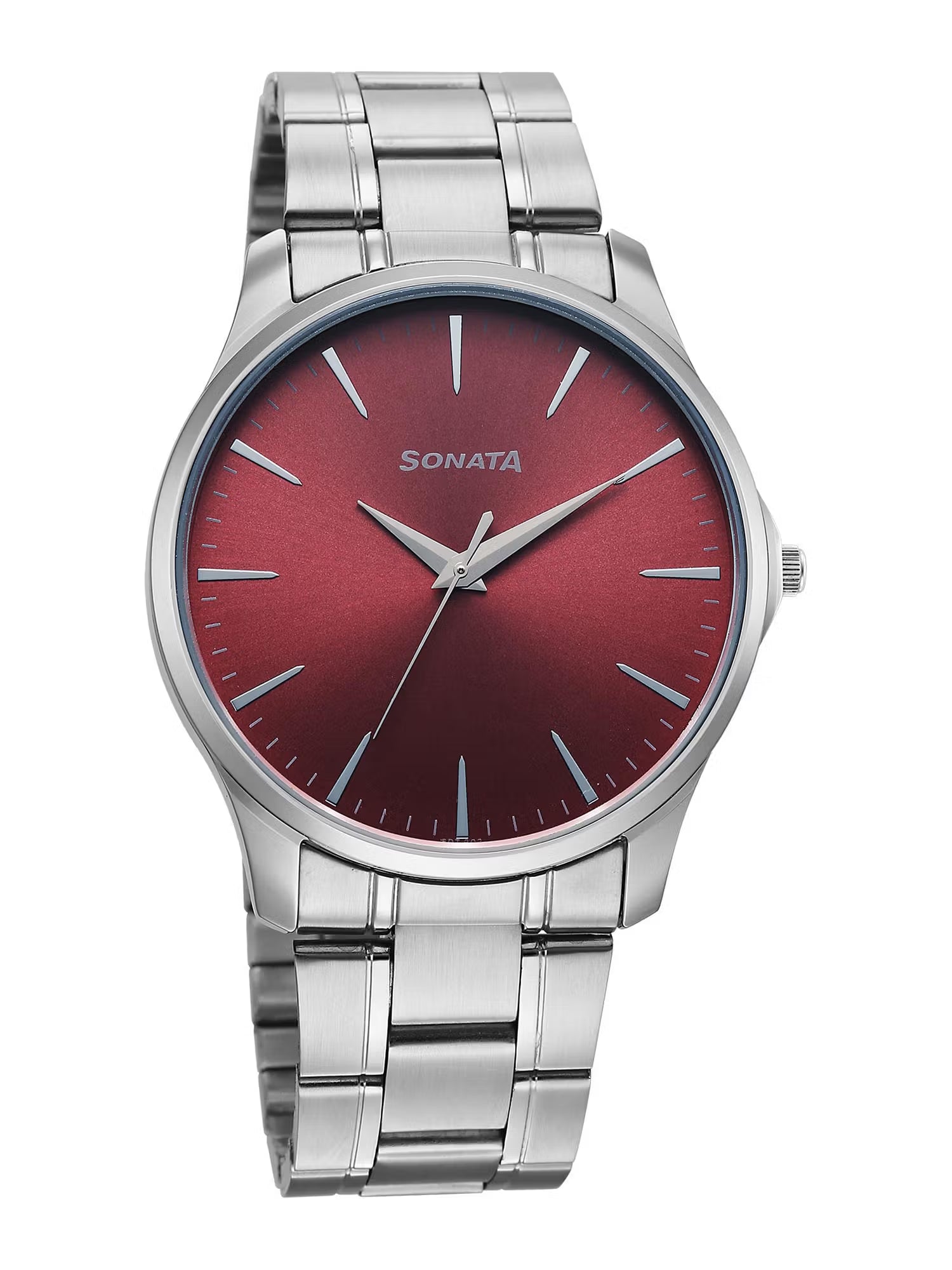 Sonata Ease Quartz Red Dial Silver Metal Watch - 77163SM09W