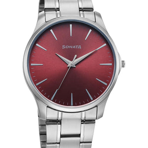 Sonata Ease Quartz Red Dial Silver Metal Watch - 77163SM09W