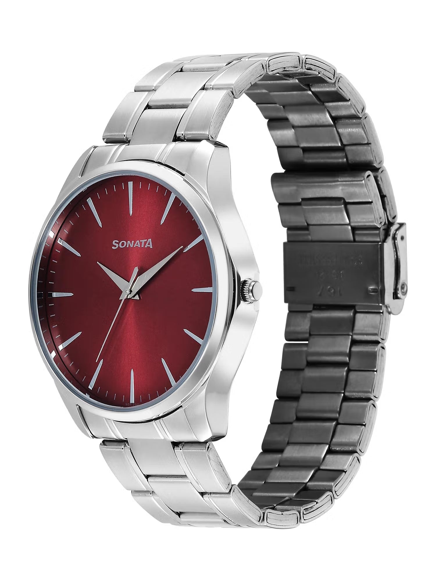 Sonata Ease Quartz Red Dial Silver Metal Watch - 77163SM09W