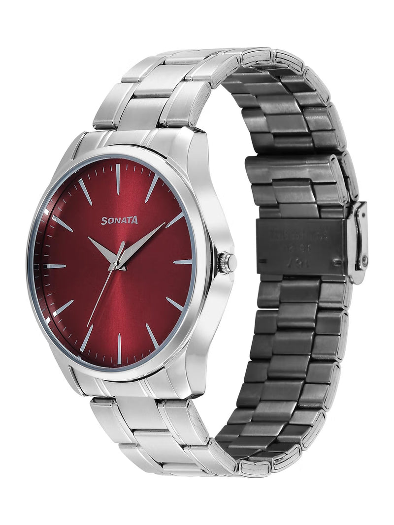 Sonata Ease Quartz Red Dial Silver Metal Watch - 77163SM09W