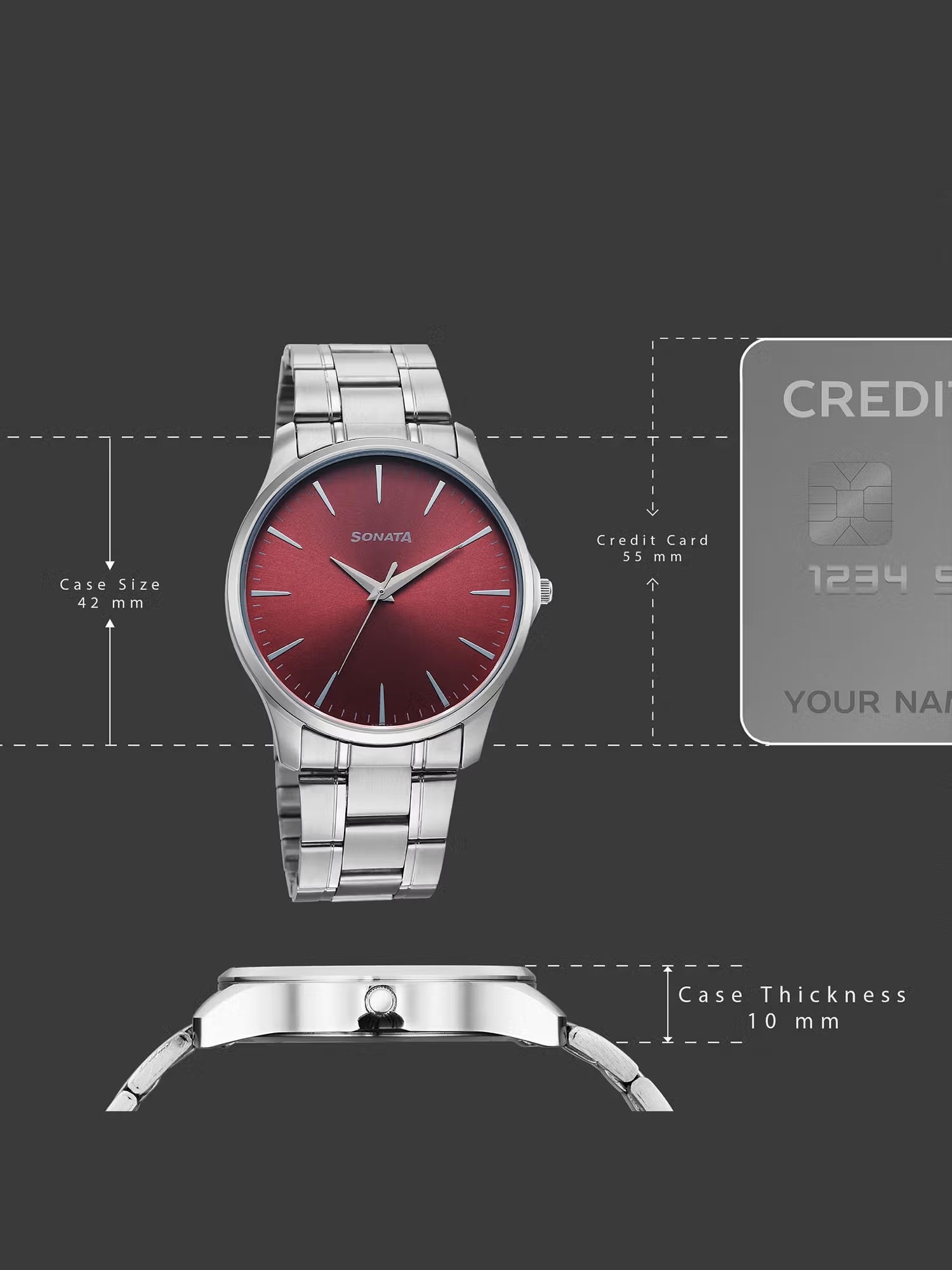 Sonata Ease Quartz Red Dial Silver Metal Watch - 77163SM09W