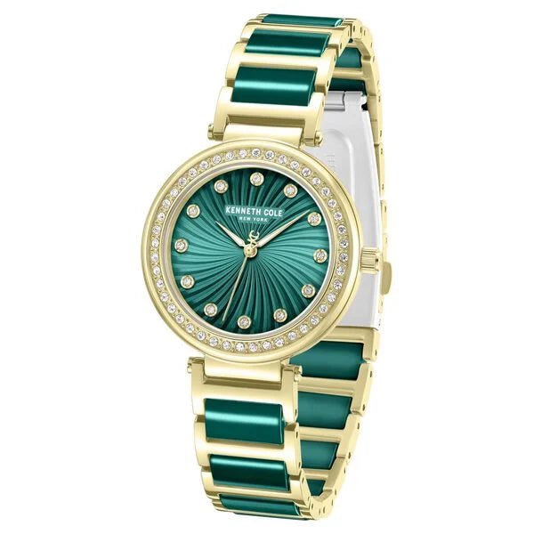 Kenneth Cole Quartz Analog Green Dial Golden Colour Ceramic Strap Watch For Women kcwlg0066103ld