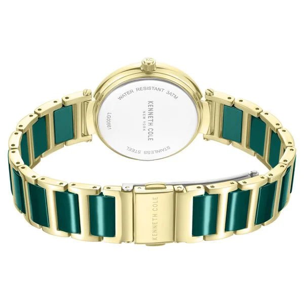 Kenneth Cole Quartz Analog Green Dial Golden Colour Ceramic Strap Watch For Women kcwlg0066103ld