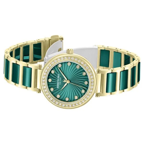 Kenneth Cole Quartz Analog Green Dial Golden Colour Ceramic Strap Watch For Women kcwlg0066103ld