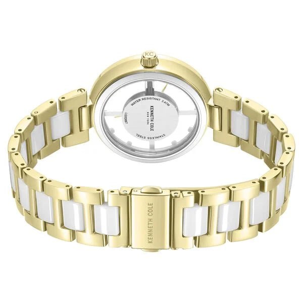Kenneth Cole Quartz Analog Silver Dial Golden Colour Ceramic Strap Watch For Women kcwlg0066702ld