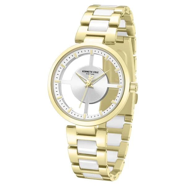 Kenneth Cole Quartz Analog Silver Dial Golden Colour Ceramic Strap Watch For Women kcwlg0066702ld