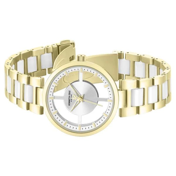 Kenneth Cole Quartz Analog Silver Dial Golden Colour Ceramic Strap Watch For Women kcwlg0066702ld