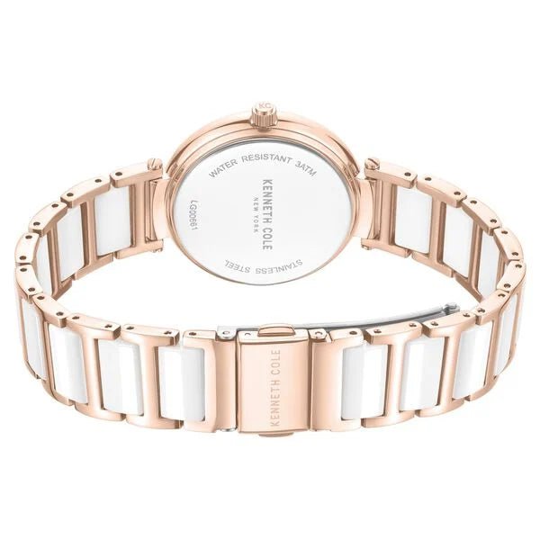Kenneth Cole Quartz Analog Silver Dial Rose Gold Colour Ceramic Strap Watch For Women kcwlg0066102ld