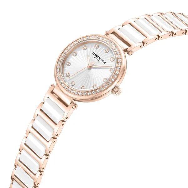 Kenneth Cole Quartz Analog Silver Dial Rose Gold Colour Ceramic Strap Watch For Women kcwlg0066102ld