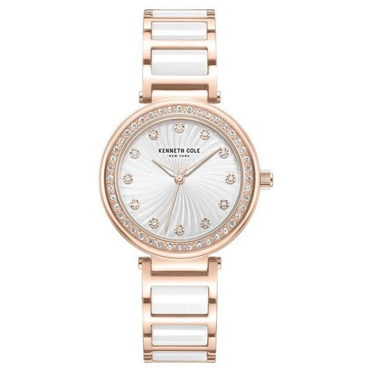 Kenneth Cole Quartz Analog Silver Dial Rose Gold Colour Ceramic Strap Watch For Women kcwlg0066102ld
