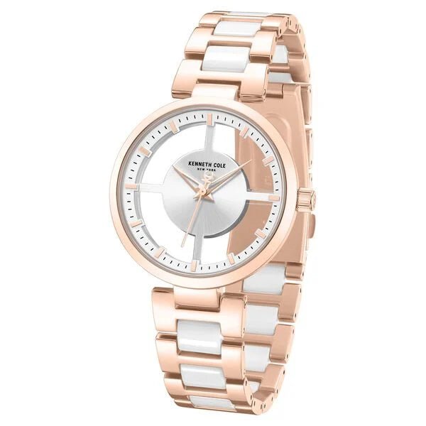 Kenneth Cole Quartz Analog Silver Dial Rose Gold Colour Ceramic Strap Watch For Women kcwlg0066701ld