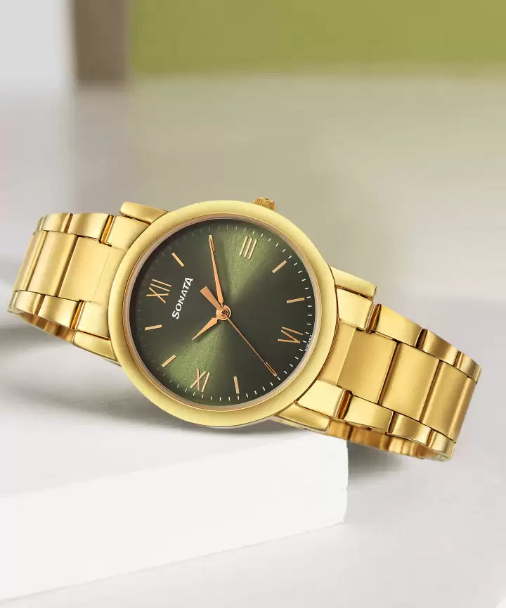 Sonata Classic Quartz Analog Green Dial Golden Stainless Steel Strap Watch for Men 7987ym15