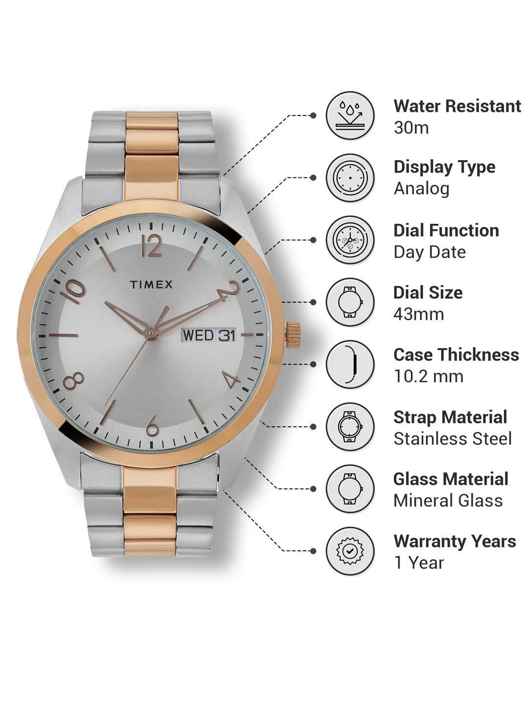 Timex Men Silver Round Analog Brass Dial Watch- TWTG10405