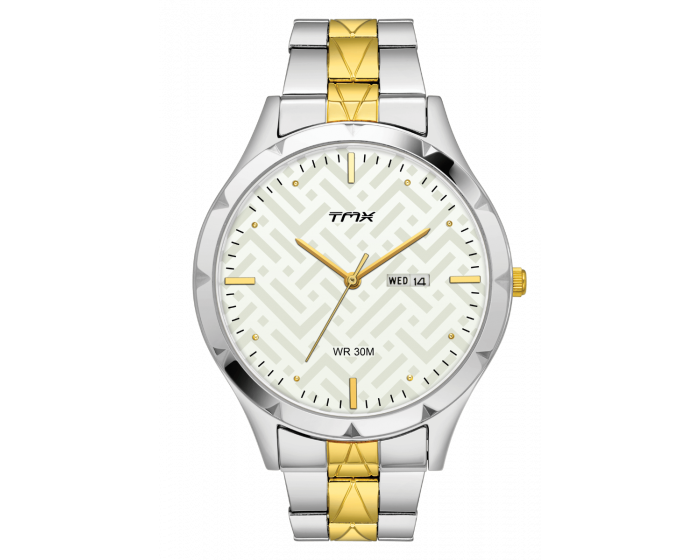 A sporty casual watch with a blue dial, stainless steel bracelet, and gold accents.