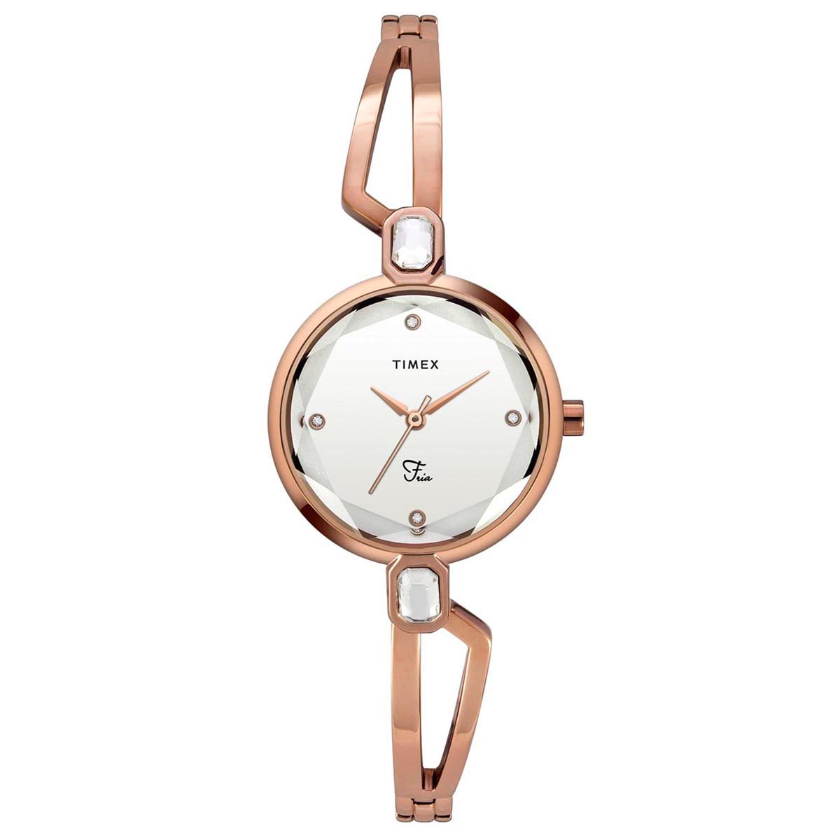 A TIMEX Fria women's analog watch with a silver round dial and rose gold brass strap, featuring a jewellery clasp.