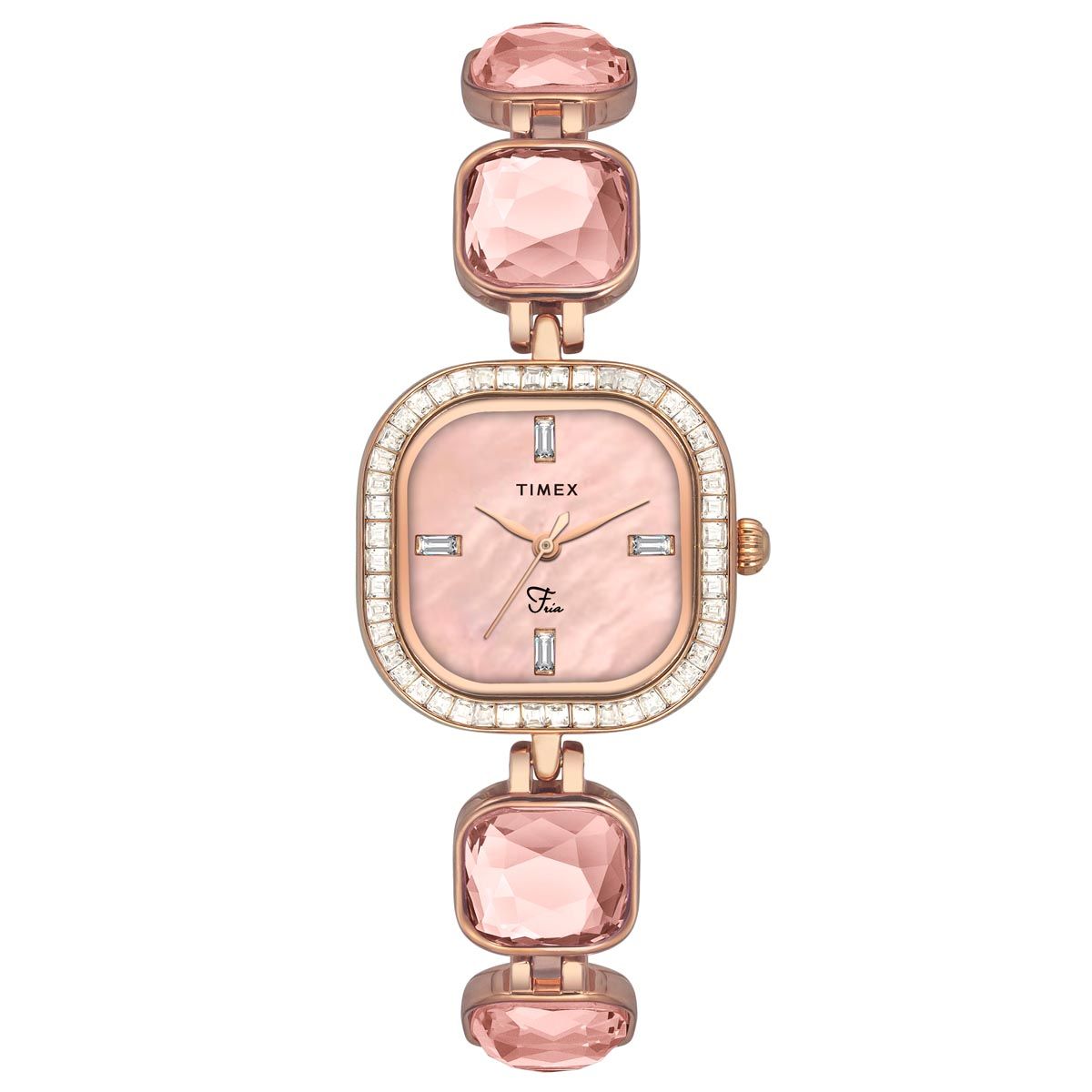 A TIMEX Fria women's watch with a white dial, round case, and pink gemstone accents on the bezel.