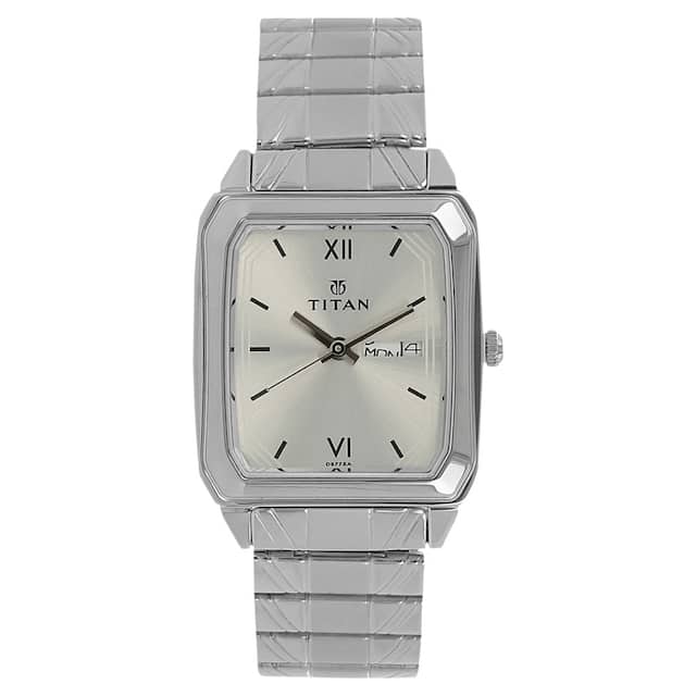 Titan Quartz Analog with Day and Date Silver Dial Silver Stainless Steel Strap Rectangular Shaped Watch For Men 1581sm03
