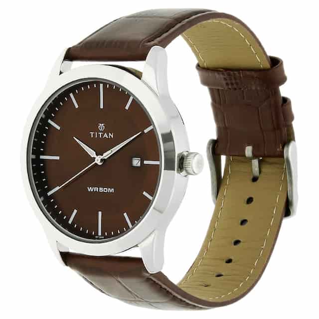 Titan Brown Dial Brown Leather Strap Watch - 1584SL04