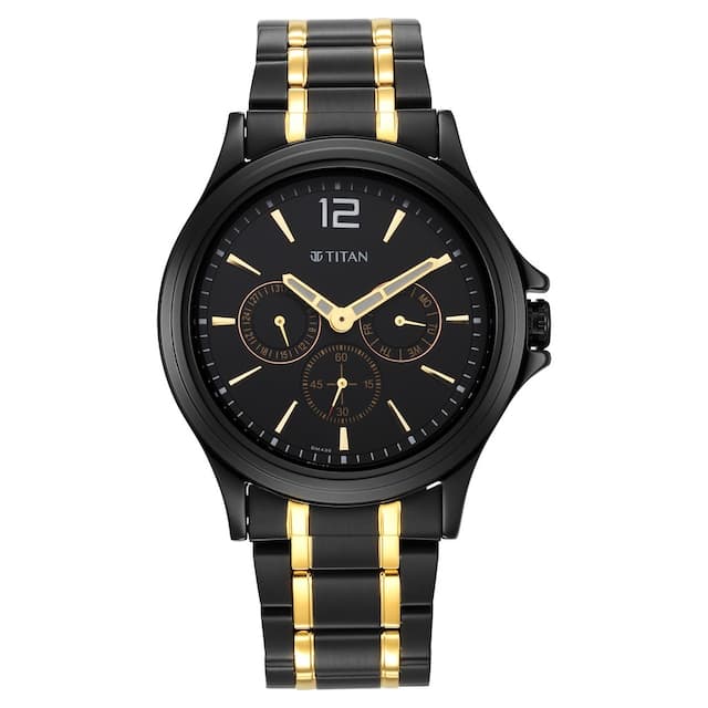 Titan Black & Gold Black Dial Stainless Steel Strap Watch 1698KM02