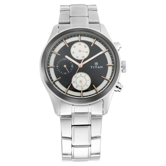 Titan Quartz Analog with Day and Date Black Dial Stainless Steel Strap Watch for Men 1805km01