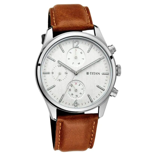 TITAN Workwear Watch with White Dial & Leather Strap 1805SL04