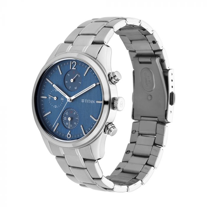 TITAN Workwear Watch with Blue Dial & Metal Strap - 1805SM03