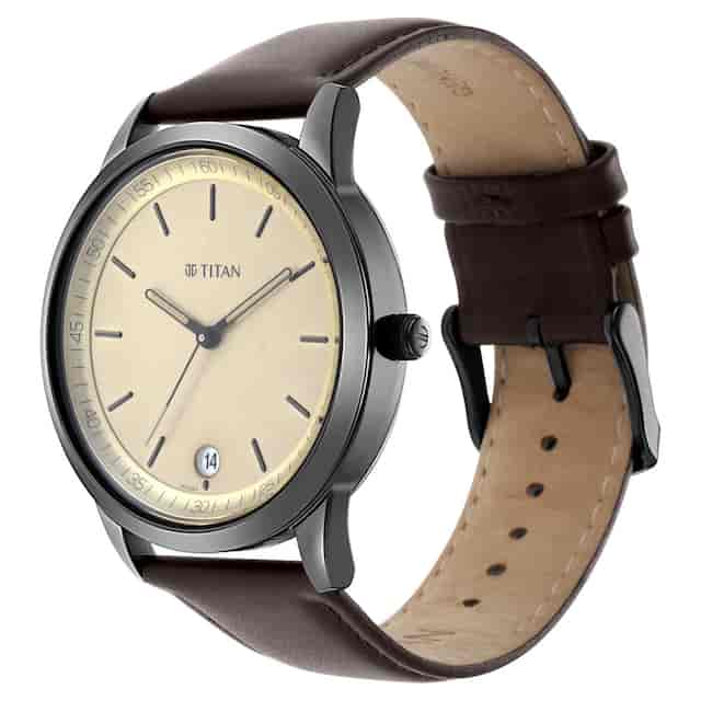 Titan Workwear Watch with Golden Dial & Leather Strap NP1806NL02 (DK824)