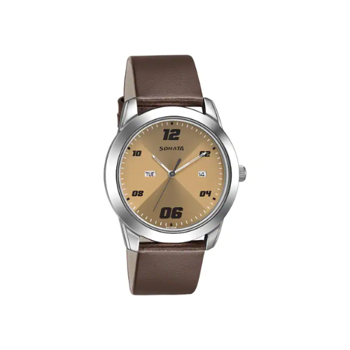 Sonata RPM Beige Dial Brown Leather Strap Watch NR7924SL13