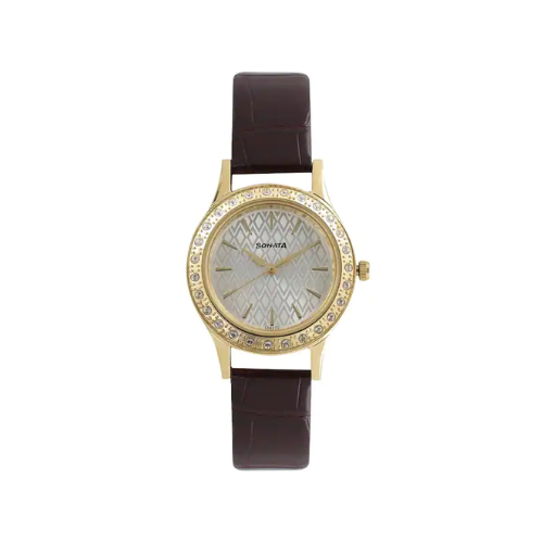 Sonata Stardust Silver Dial Leather Strap 8123YL04 - KRISHNA WATCH COMPANY