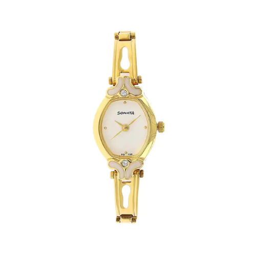 Sonata White Dial Golden Stainless Steel Strap Watch NR8068YM03