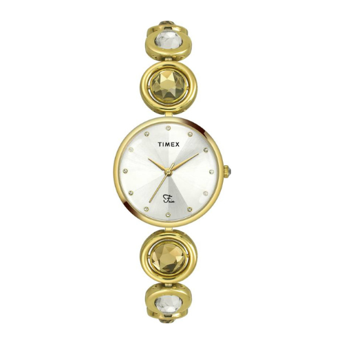 A Timex analog watch for women with a round silver-tone dial, gold-colored bracelet with crystal embellishments, and a crown on the side.