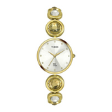 A Timex analog watch for women with a round silver-tone dial, gold-colored bracelet with crystal embellishments, and a crown on the side.