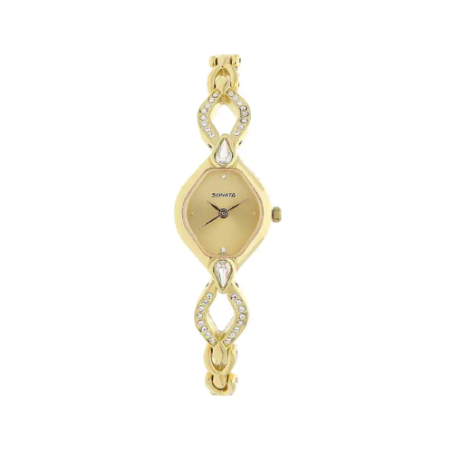 Sonata Champagne Dial Golden Metal Strap Watch - 8063YM04