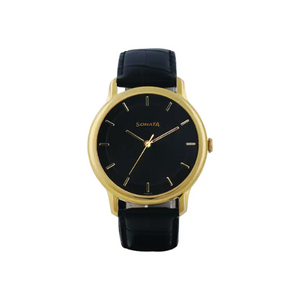 Sonata Sleek Black Dial Leather Strap 7128YL01 - KRISHNA WATCH COMPANY