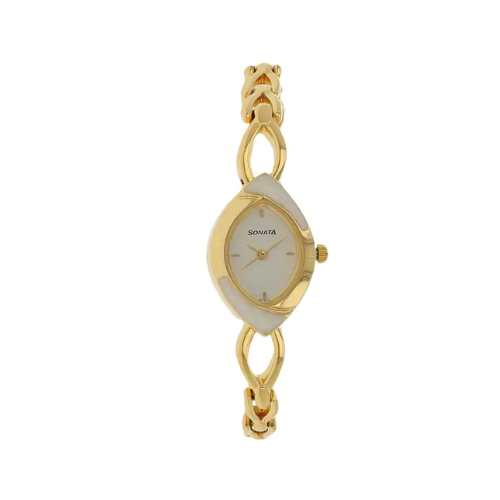 Sonata White Dial Golden Metal Strap Watch - 8069YM01
