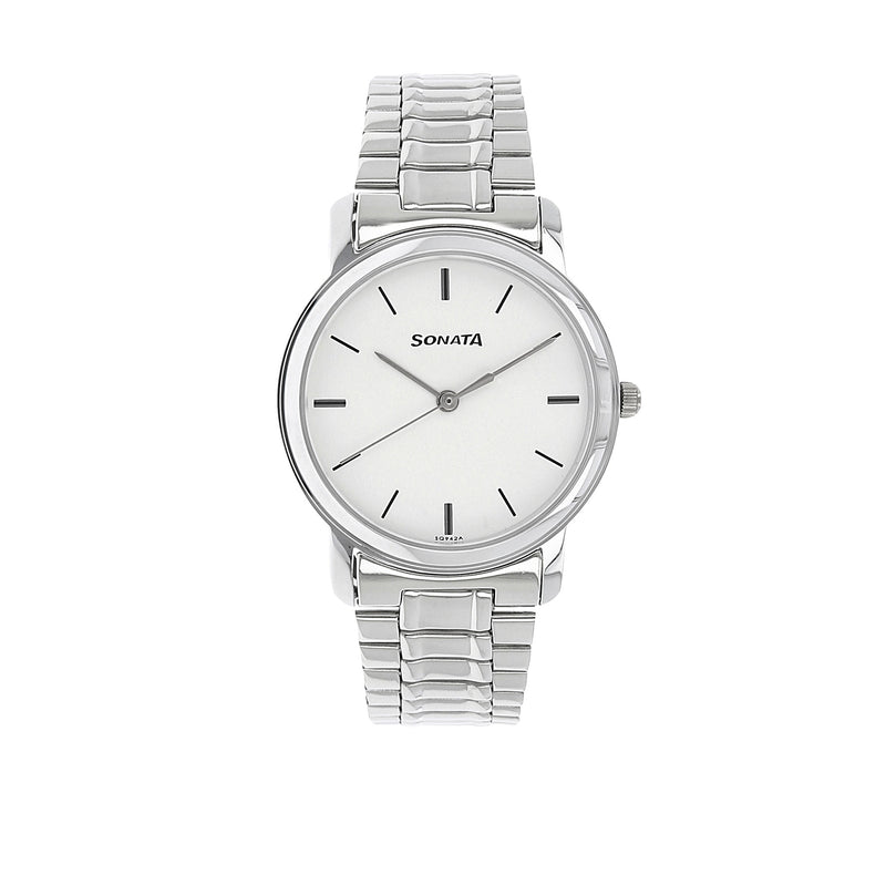Sonata White Dial Silver Stainless Steel Strap Watch 1013SM01 - KRISHNA WATCH COMPANY