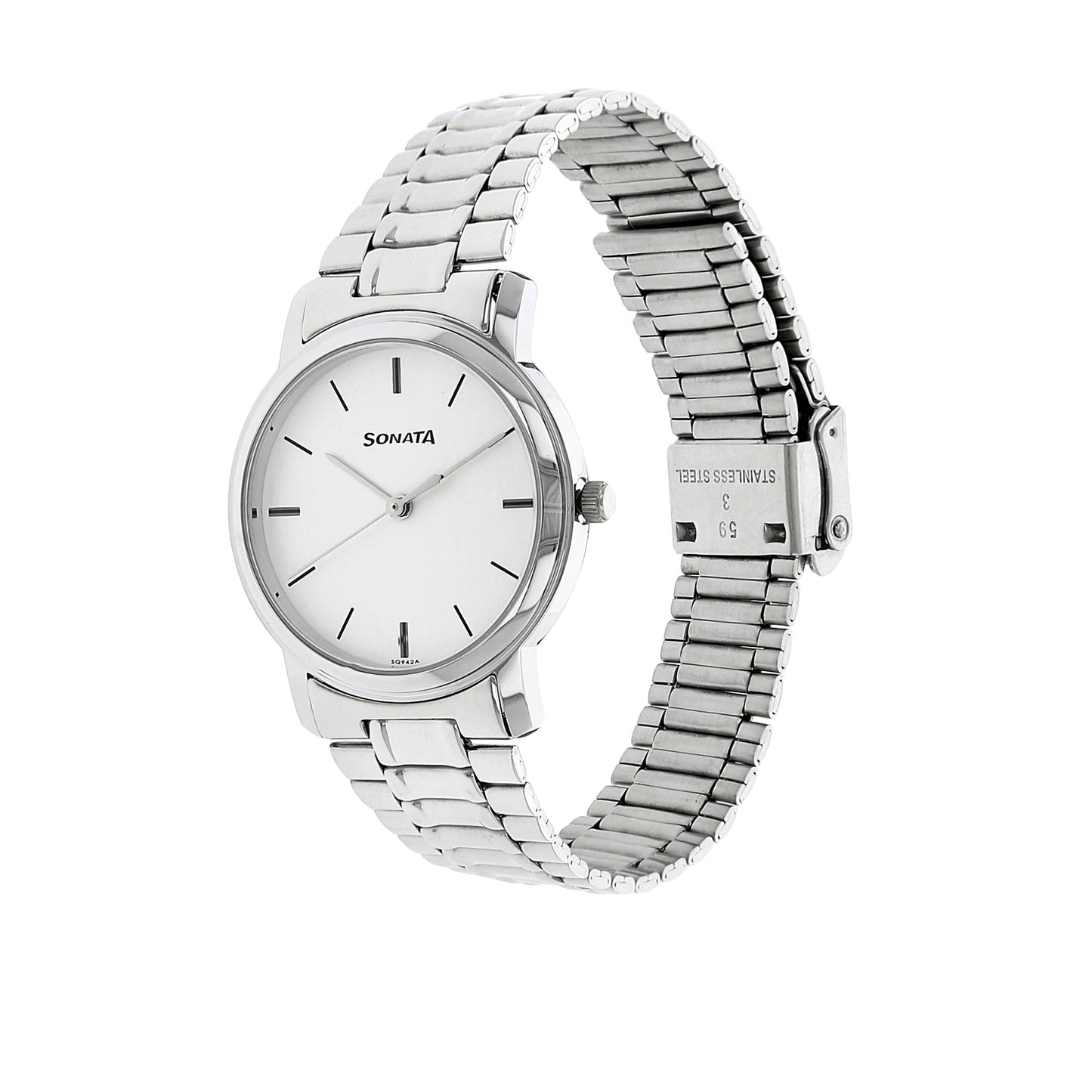 Sonata White Dial Silver Stainless Steel Strap Watch NR1013SM01