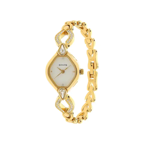 Sonata White Dial Golden Metal Strap Watch - 8063YM03