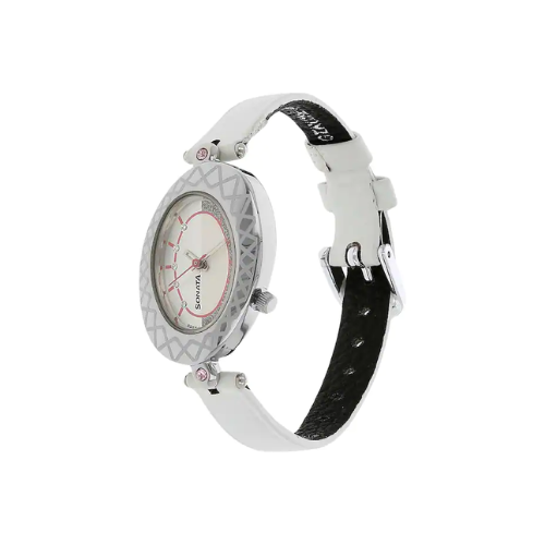 Sonata Silver Dial White Leather Strap Watch 8125SL02