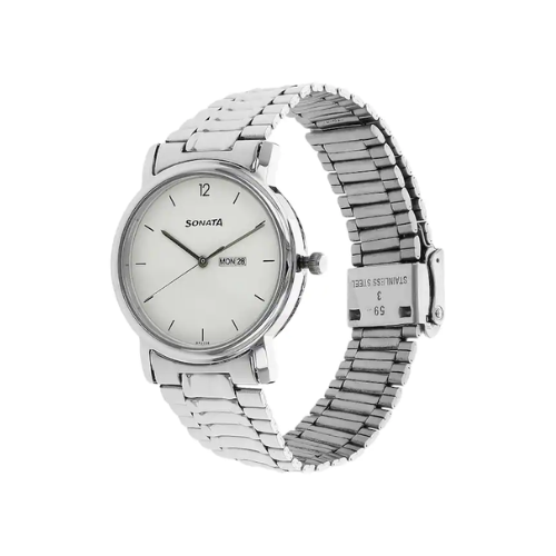 Sonata White Dial Silver Stainless Steel Strap Watch - 1013SM06