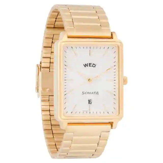 Essentials White Dial Analog Watch With Day And Date Function - 77084YM04