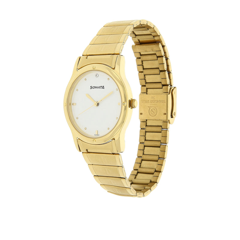 Sonata White Dial Golden Stainless Steel Strap Watch NR7023YM01