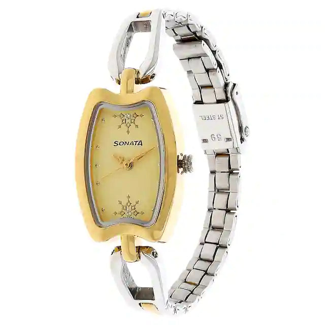 Sonata White Dial Golden Stainless Steel Strap Watch 8116BM02
