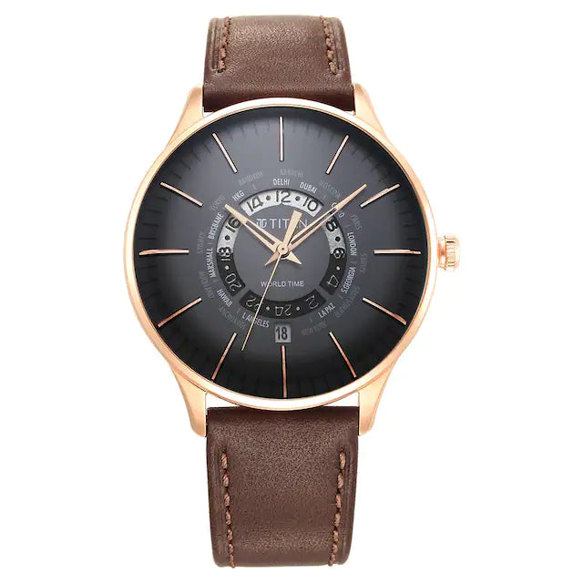 TITAN World Time Black Dial Leather Strap Watch 90145WL01 - KRISHNA WATCH COMPANY